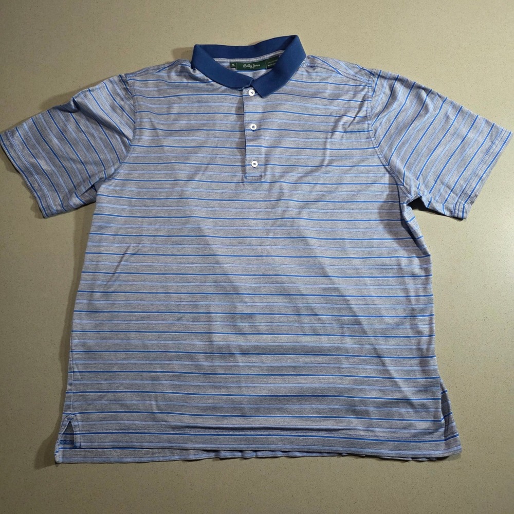 Bobby Jones Mens XL Blue Gray Striped Short Sleeve 100% Cotton Polo Shirt Golf